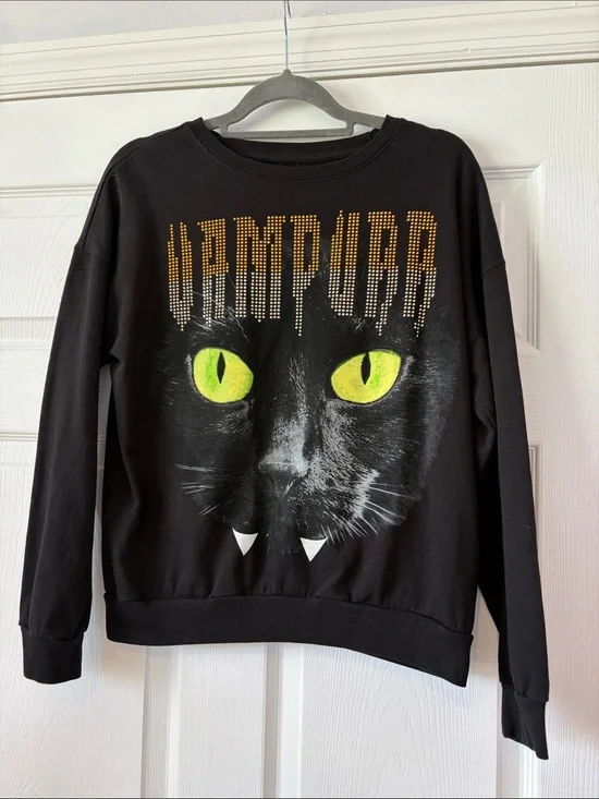Freeze Vampurr Black Sweatshirt with Neon Yellow-Green Cat Eyes MEOW size large