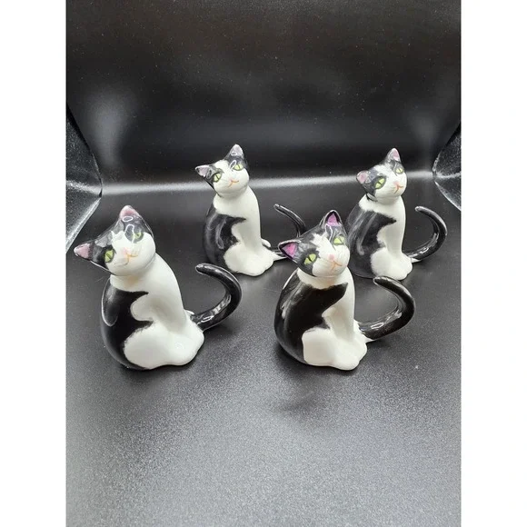 4 Tuxedo Cat Bone China Napkin Rings Vintage‎