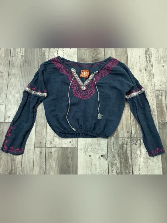 Free People Boho Long Sleeve Embroidered Navy Pink Peasant Top Small