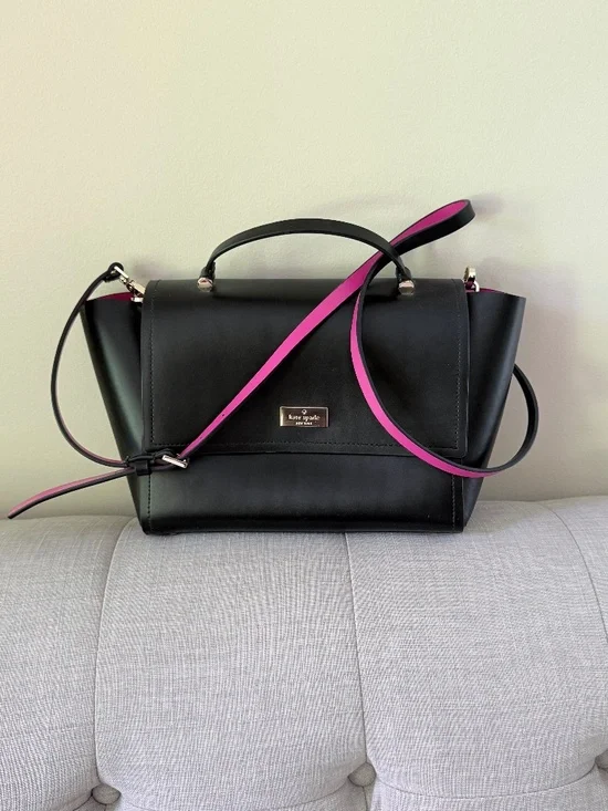 Kate Spade New York Satchel Black Leather Pink Trim Crossbody