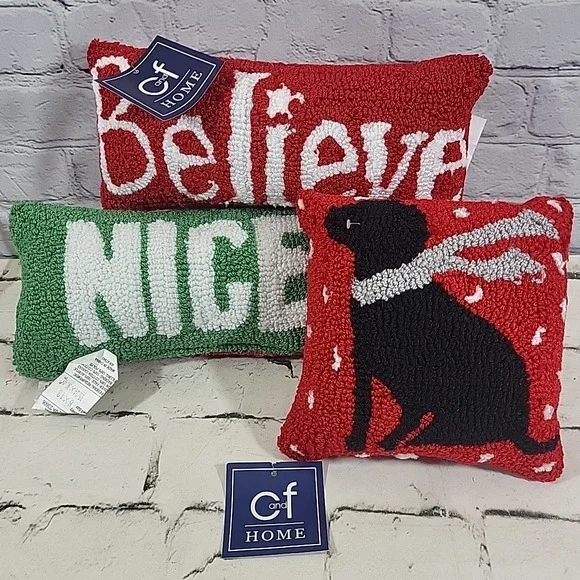 Christmas Mini‎ Throw Pillows Lot Of 3  Dog - Nice - Believe - Holiday Decor New