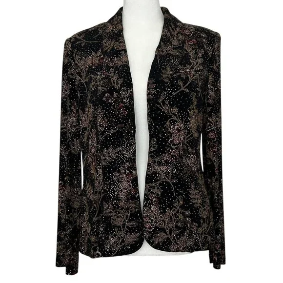 Alex Evenings Vintage Metallic Glitter Floral Design Open Front Jacket (S)
