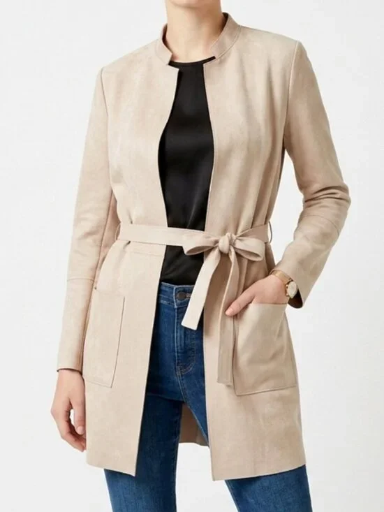 H&M Blush Pink Faux Suede Belted Jacket Coat Sz 6