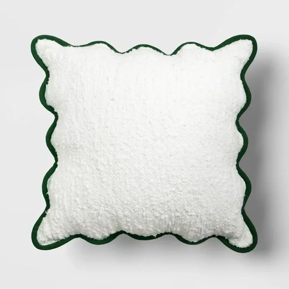 Oversize Faux Boucle with Scalloped Trim Square Throw Pillow Ivory/Green