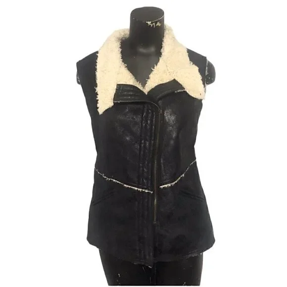 Sanctuary Faux Suede Sherpa Shearling Vest Black Size Small