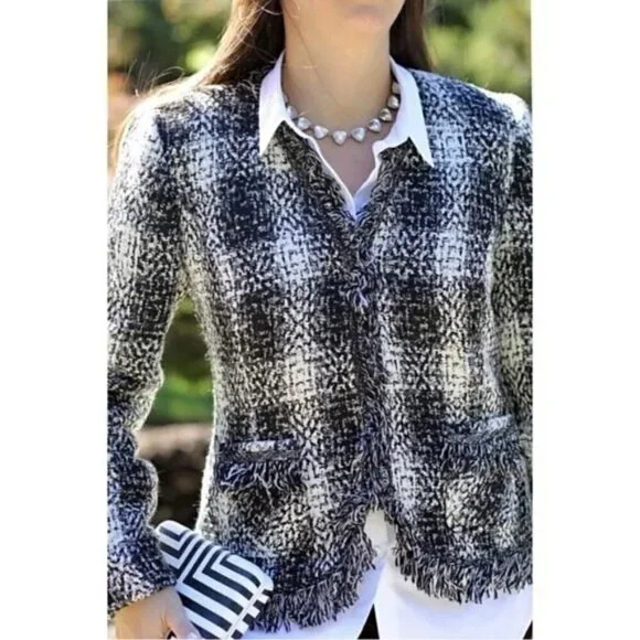CAROL ANDERSON Tweed Fringe Blazer Size 2 Luxury Jacket Black Cream