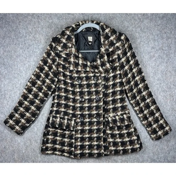 Old Navy Vintage Wool Blend Plaid Pea Coat Womens Medium Brown Double Breasted