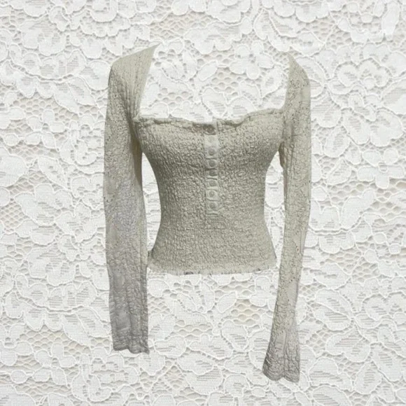 free people eyelet lace long sleeve top with henley buttons