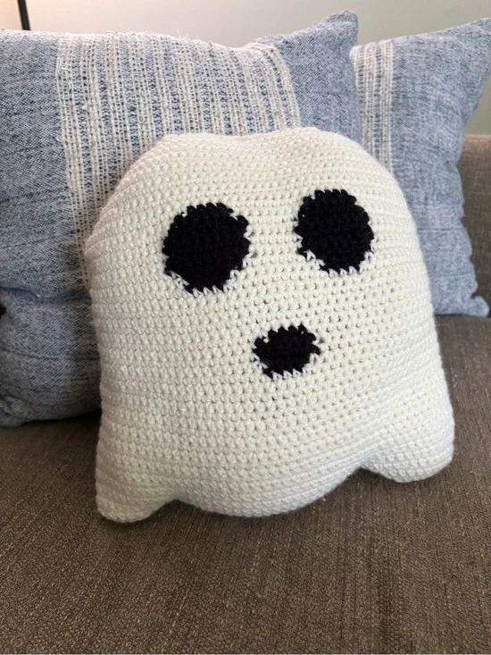 Crocheted Ghost Pillow - Cream with Black Eyes