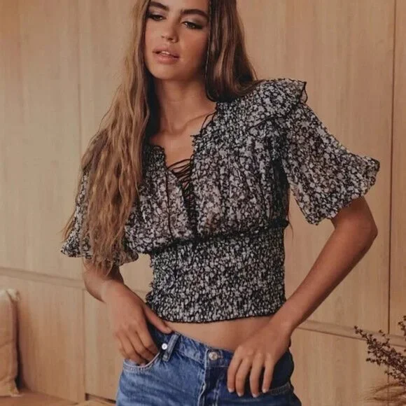 Free People Beatrice Lace-Up Top Printed Sheer Smocked Puff Sleeve