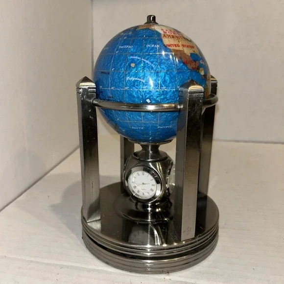 Globe By Alex Kalifano-Chrome Revolving W\ 2 Clocks Thermometer‎ & Hydrometer
