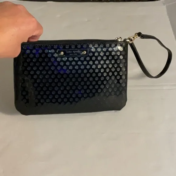 Kate Spade shiny black wristlet w/dots & logo spades