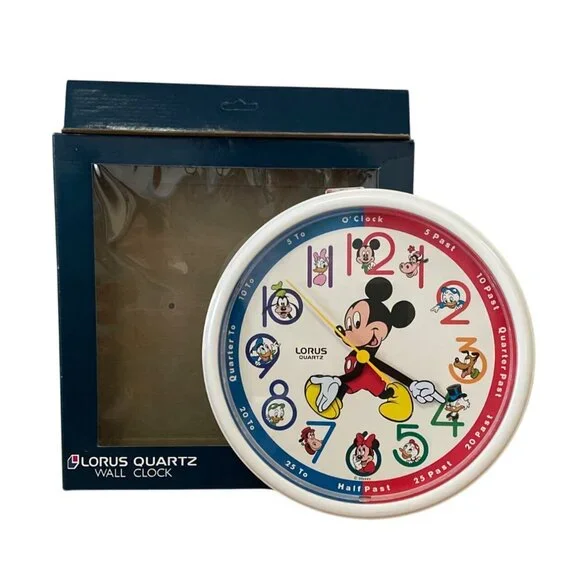Vtg Walt Disney Mickey Mouse Wall Clock Lorus Quartz Moving Arms Works Orig Box