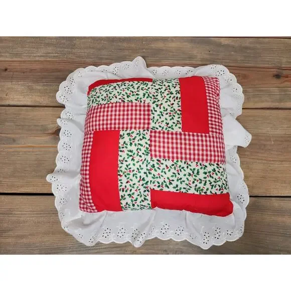 Vtg Handmade Christmas Throw Pillow Quilted Squares 10x10” Lace Edge Retro