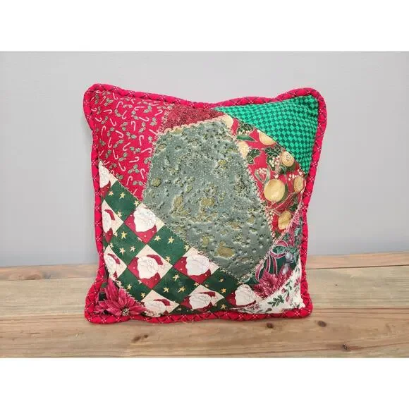 Handmade 12” Christmas Throw Pillow Santa Quilt Fabric