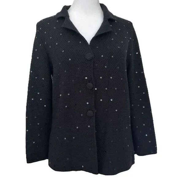Kate Hill Knit Sequin Blazer Size S Black Silk Blend Y2K Jacket Evening Formal