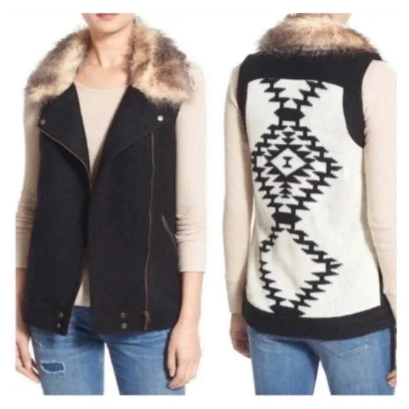 THREAD & SUPPLY | ASYMETRICAL WOOL BLEND SWEATER VEST AZTEC FAUX FUR WOMEN'S XS