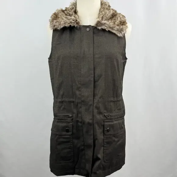 J Jill Faux Fur Collar Vest Womens XS Brown Herringbone Utility Zip Snap Waist