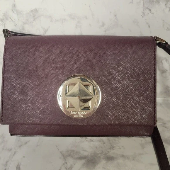 Kate Spade Burgundy Saffiano Leather Crossbody Bag Gold Pyramid Turnlock Plum