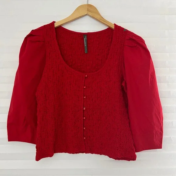 Anthropologie Red Textured Popcorn Knit Puff Sleeve Button Front Smocked Top L