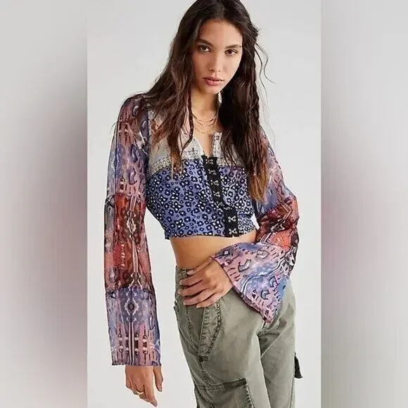 New Free People Walk That Walk Blouse Top cropped wide sleeves mixed printed