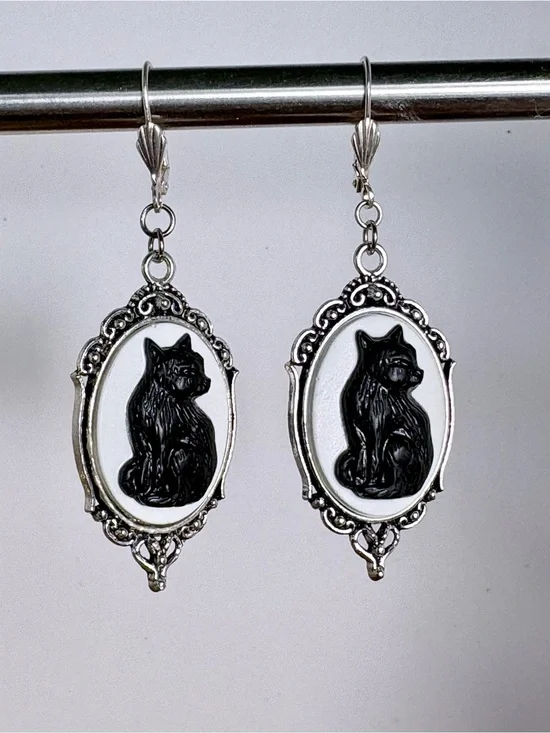 Silver Cat Cameo Drop Earrings - Black & White Cat Design