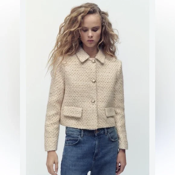 ZARA TWEED STRUCTURED SHORT BLAZER WOOL BLEND LIMITED EDITION -Tan Beige Small