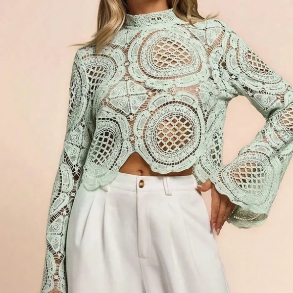 High Neck Floral Semi Sheer Flared Sleeve Cropped Top