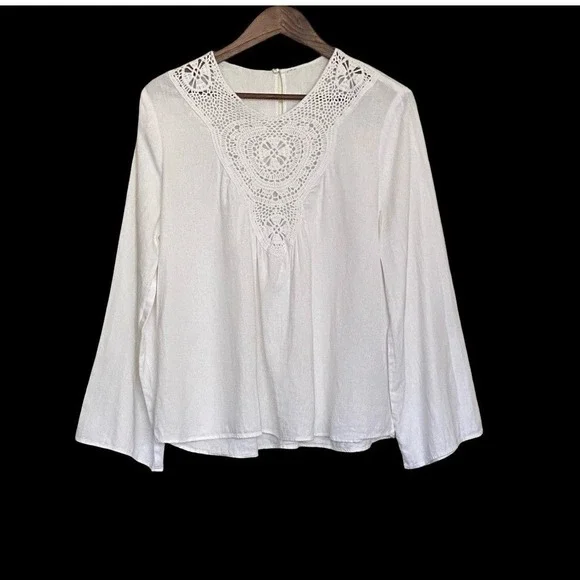 Zara Womens White Linen Blend Crochet Lace Yoke Bell Sleeve Boho Blouse Medium