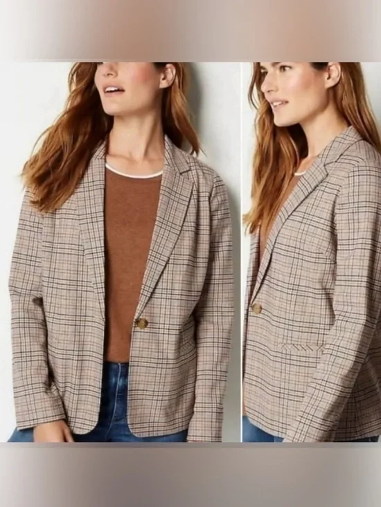 NWT J. JILL Brown Mendocino Houndstooth Plaid One Button Closure Blazer Size XL