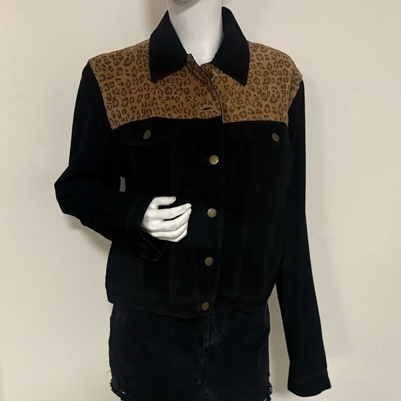 Vintage Margaret Godfrey Black Suede Leather Jacket w Leopard Print Details