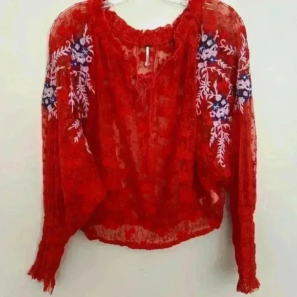 Free People Jubilee Red Embroidered Top
