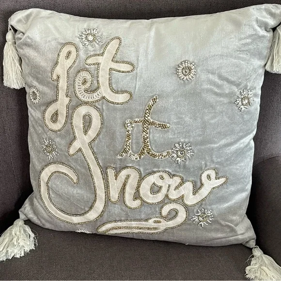 Pier 1 Let It Snow Gray Beaded Tassels Christmas Pillow With Removable Cover