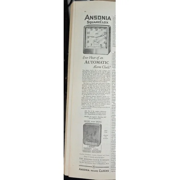 Ansonia Squarelox Automatic Alarm Clock Art Deco 1927 ad