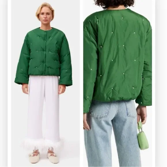 NWT SLEEPER Puffer Jacket in Green with Pearl Details Size L/XL NWT $450
