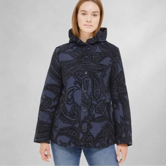 Chico’s Zenergy Women’s XL Blue Black Paisley Flocked Jacket Coat Fall