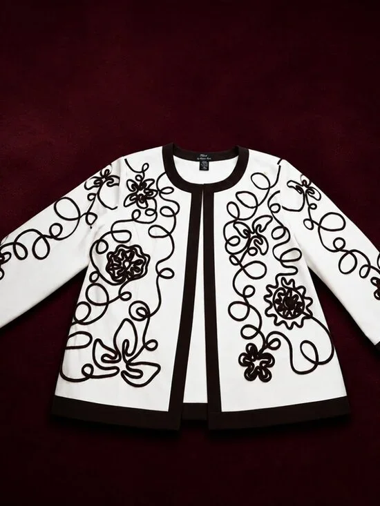 White Brown Floral Cord Embroidered Jacket XL Open Front Statement Layer