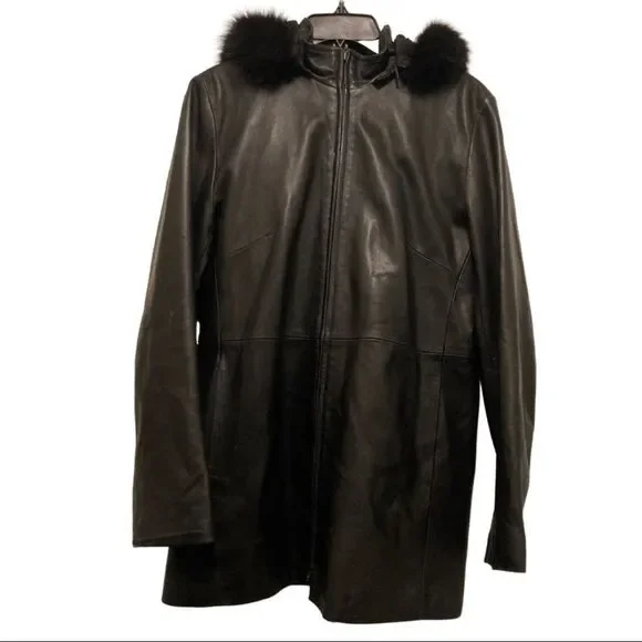 Burberry London Black Leather Bomber with Fur Hood