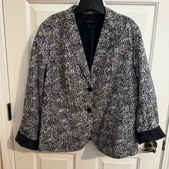 Talbots Tiny Ditsy Blue Floral Cotton Jacket Blazer Notch Collar Size 16