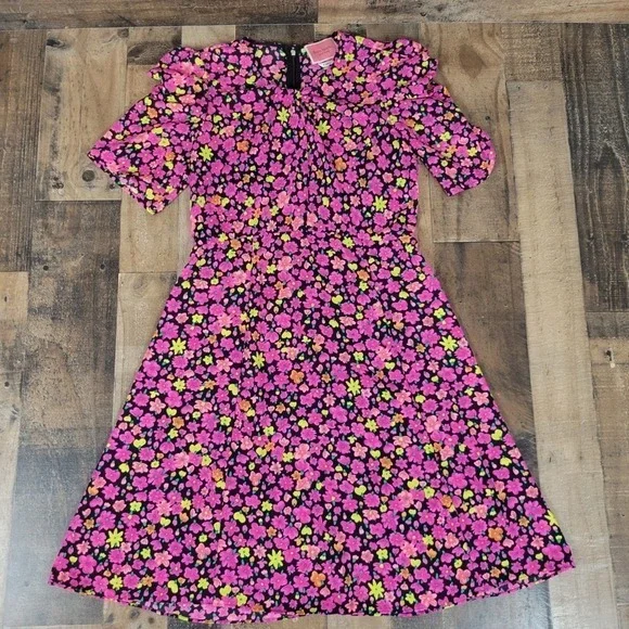 Kate Spade New York Marker Pink Floral Crepe Midi Dress Short Sleeve Size 4