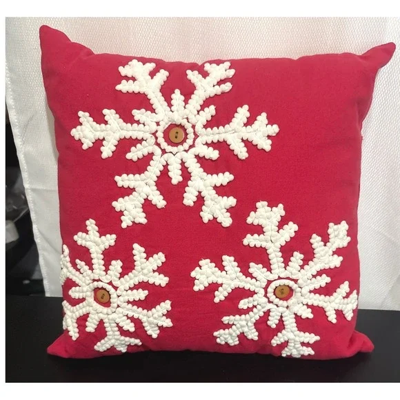 Red Christmas Snowflake Throw Pillow White Textured Pom Pom Button Accent 16x16