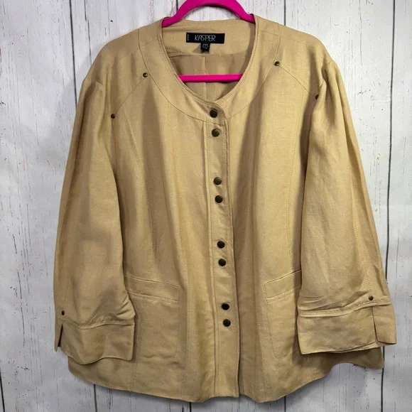 Kasper Linen Blend Blazer 24W Tan Neutral Office Chic Quiet Luxury Lagenlook