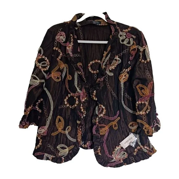 Dressbarn Collection Floral Blazer Jacket Button Up Ruffle Ribbon Brown‎ L