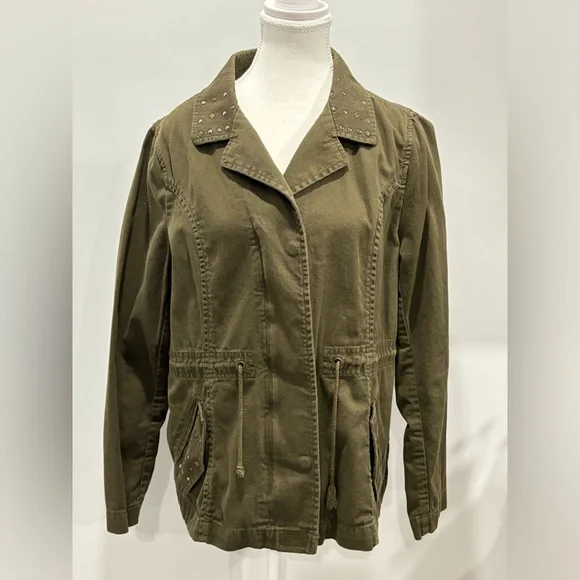 Relativity Womens Large Olive Green Drawstring Jacket Pockets 100% Cotton