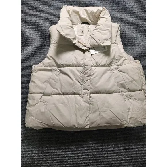Puffit Cream Womens L High Neck Puffer Vest Side Pockets Outerwear Cozy