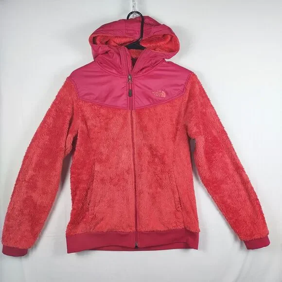 The North Face Women M Red Fuzzy Teddy Fleece Hooded Jacket Soft Zip‑Up Coat