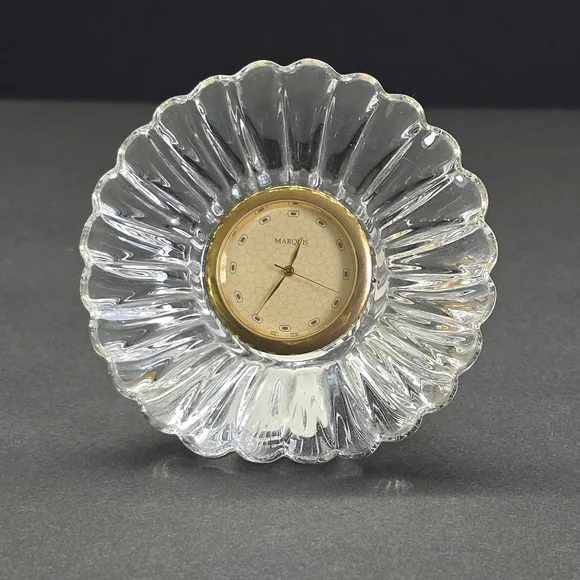 Vintage Marquis by Waterford Crystal Desk Clock Flower Floral Design - Works