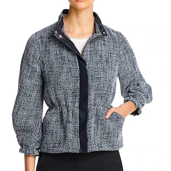 DONNA KARAN BLACK LABEL Tweed Peplum Jacket Zip Up Navy Blue‎ Medium