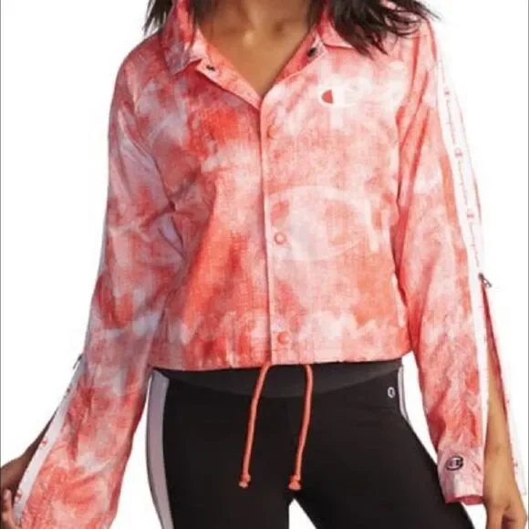 Champion Orange/Pink/White Zipper Tape Coach Cropped Jacket; SZ S; EUC