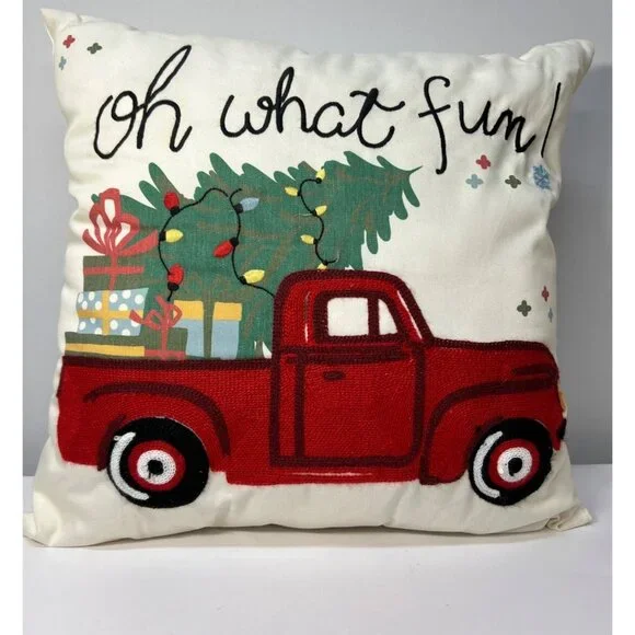 Christmas Pillow With Red Truck & Holiday Gifts  17'' x 17